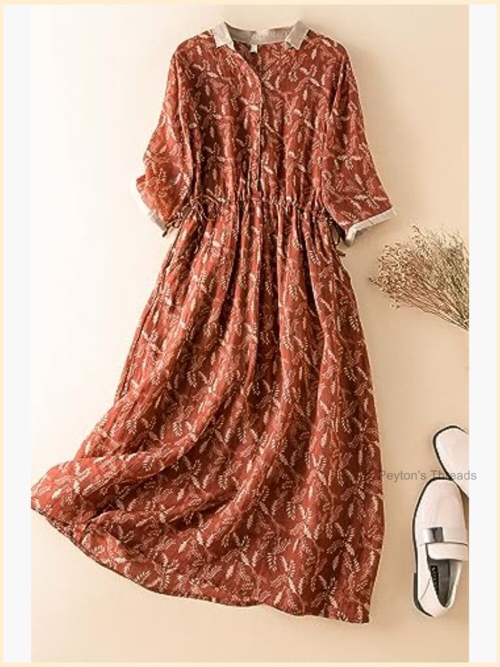 V Neck Drawstring Waist Midi Dress with Pockets Loose Button Up - Picture 3 of 4
